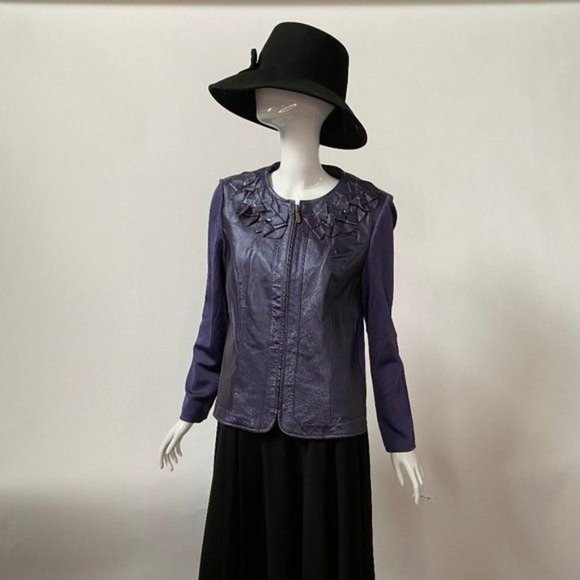 Peter Nygard Zip Jacket Sz MP Purple Leather 92% Nylon Back Style# 3U080788 - Picture 7 of 12